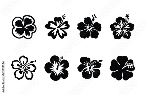 Hibiscus Blossom Silhouettes A collection of elegant hibiscus flower silhouettes in black, each showcasing intricate details of the tropical blossoms.