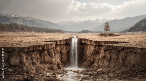 Dried-up landscape, waterfall in a canyon