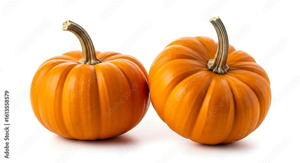 Obraz premium Two small orange pumpkins with stems, side by side, isolated on a white background.