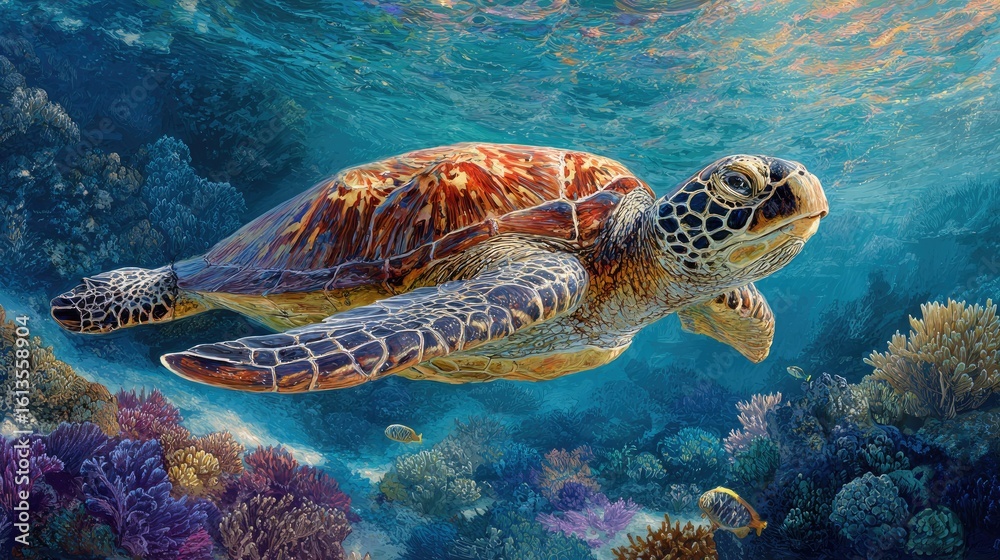 Fototapeta premium Sea turtle in vibrant coral reef