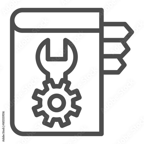Book with wrench, mechanism gear line icon, user manual concept, guide with bookmarks vector sign on white background, outline style icon for mobile concept and web design. Vector graphics.