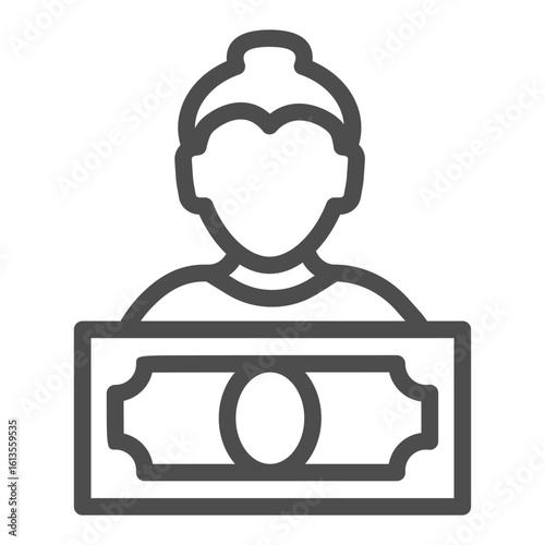 Woman and banknote line icon, salary payment concept, person with paper dollar money vector sign on white background, outline style icon for mobile concept and web design. Vector graphics.