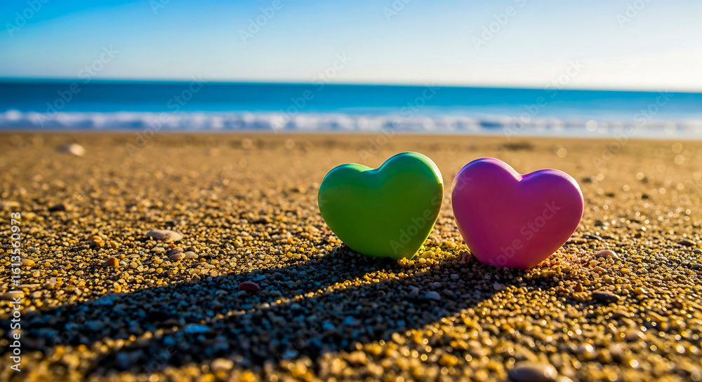 Fototapeta premium Two heart shaped valentines day candies on a sandy beach at sunset