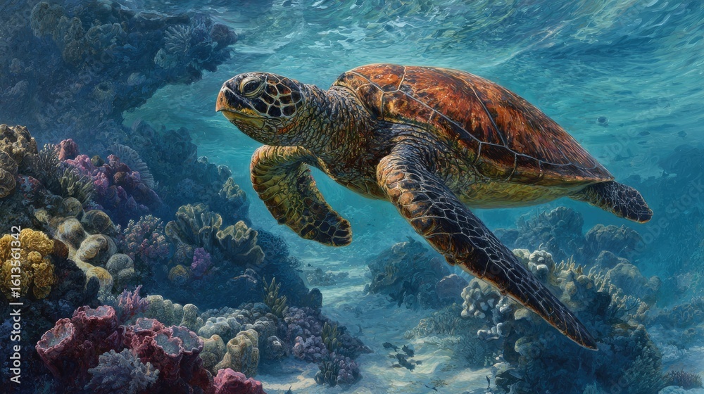 Fototapeta premium Sea turtle in vibrant coral reef (1)