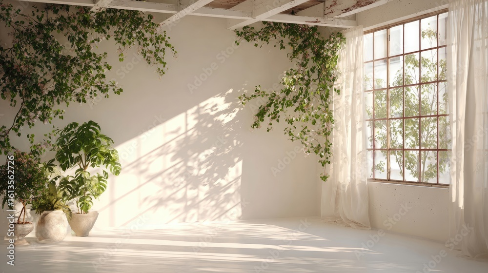 Fototapeta premium Studio mockup with white walls and natural sunlight and green leaves.