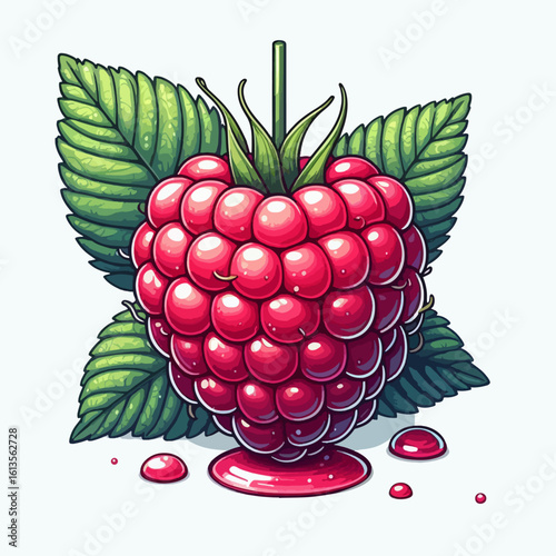 A vibrant red raspberry with green leaves and juice drops, illustrated in a cartoon style.