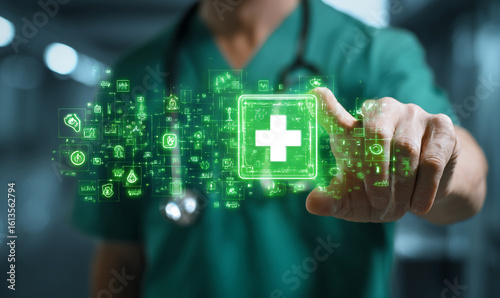 A medical doctor wearing a green uniform and holding a stethoscope is touching a virtual screen hologram displaying a plus symbol and health icons.