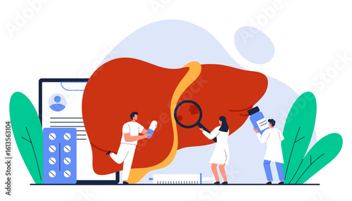 Hepatitis A, B, C, D concept. Hepatologist doctors check up and treat a human liver organ. Liver disease, healthcare, treatment. Isolated vector illustration in cartoon style