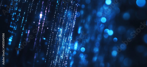 Glowing binary digits form abstract streams of information, representing complex digital networks and modern technological advancements in a deep blue, futuristic environment.
