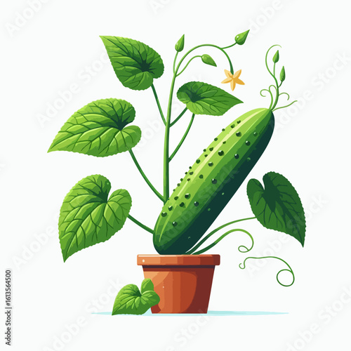 Cartoon-style illustration of a cucumber plant in a terracotta pot, showcasing lush leaves, a flowering vine, and a large cucumber.