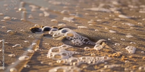Footprint in sand with sea foam at sunset