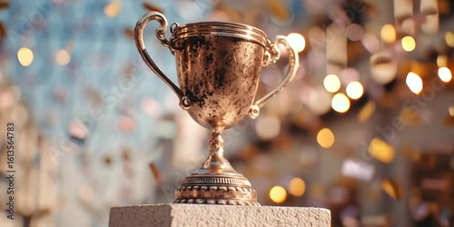 Vintage bronze trophy with confetti in celebration scene