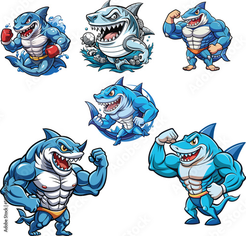 Muscular blue sharks flexing and boxing white