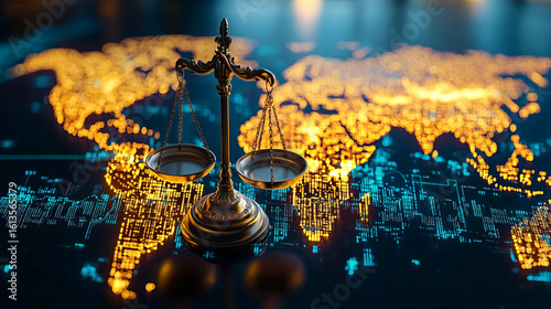 Golden scales of justice stand balanced over a luminous digital world map, symbolizing the intricate relationship between global law and interconnected data in an ever-evolving digital era.