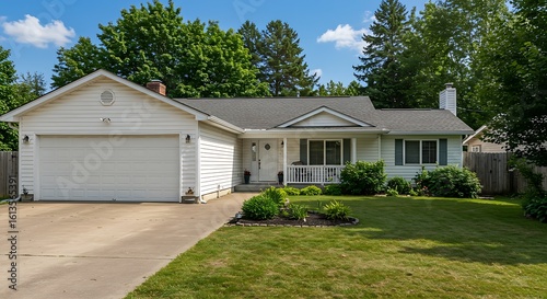 Exterior image of a single story rambler home painted white wiht a very large driveway and three car garage large backyard lush landscaping and foilage on a summer day blue skies