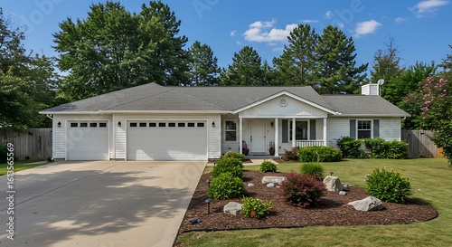 Exterior image of a single story rambler residence painted white wiht a very large driveway and three car garage large backyard lush landscaping and foilage on a summer day blue skies