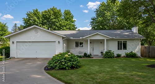 Exterior image of a single story rambler home painted white wiht a very large driveway and three car garage large backyard lush landscaping and foilage on a summer day blue skies