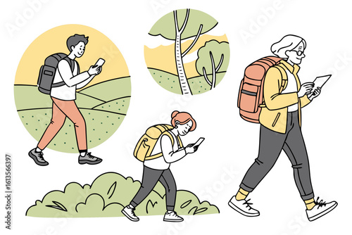 People hiking and using smartphones for navigation or communication