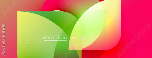 Abstract colorful shapes overlap, creating dynamic visual effect. Gradient hues blend smoothly, forming modern background design.