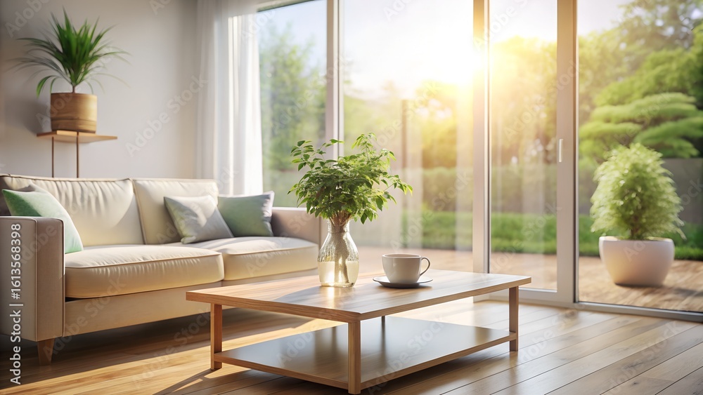 Photo of a bright and airy living room features a comfortable sofa, coffee table with a plant and cup, and large windows with garden views Photo of a bright and airy living room features a comfortable sofa, coffee table with a plant and cup, and large windows with garden views