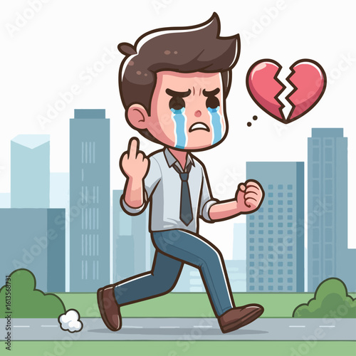Cartoon illustration of a male figure, displaying distress and anger while walking away, set against a backdrop of urban city.