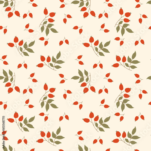 Wallpaper Mural A delicate seamless pattern featuring sprigs of rosehips with small green leaves scattered across a light background. Perfect for autumn themes, textiles, and natural designs. Torontodigital.ca