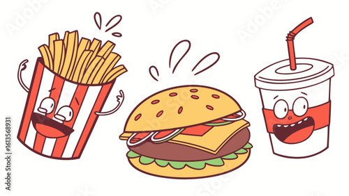 Happy Cartoon Burger Fries Soda Combo Clipart Illustration Fun Food Drawing Design Graphic
