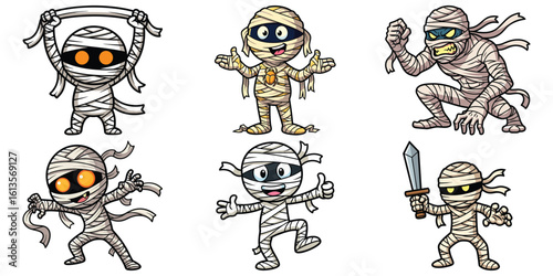 Cartoon mummies with various expressions and poses for Halloween zombie theme