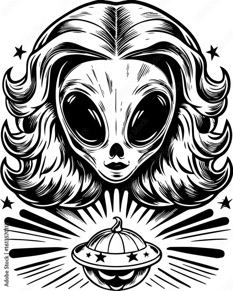 Fototapeta premium SVG of a Halloween animal monster in a fun and spooky tattoo style. Alien Character with Stylish Hair and UFO Design in Vintage Style
