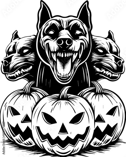 SVG of a Halloween animal monster in a fun and spooky tattoo style. Scary Halloween Dog Heads with Jack-o'-lanterns in Black and White