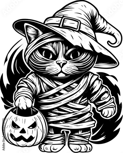 SVG of a Halloween animal monster in a fun and spooky tattoo style. Adorable Mummy Cat in Witch Hat with Pumpkin for Halloween Celebrations