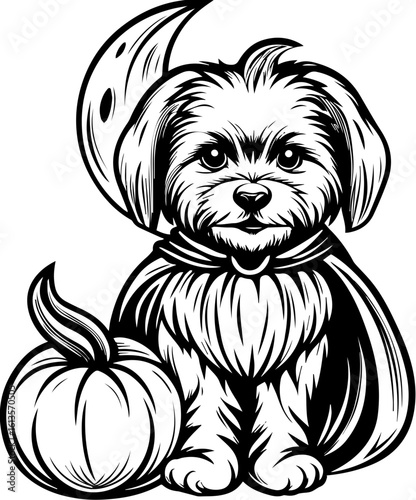 SVG of a Halloween animal monster in a fun and spooky tattoo style. Adorable Pup in a Cape Sitting by a Pumpkin Under the Moonlight