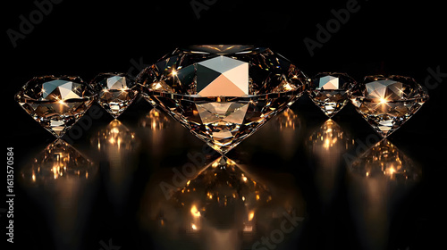 Five lustrous diamonds,  faceted and gleaming, rest on a dark surface, reflecting light.  Golden highlights accentuate their brilliance