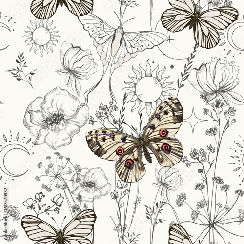 Beautiful fashion hand drawn flower pattern vector illustration field wild pl...