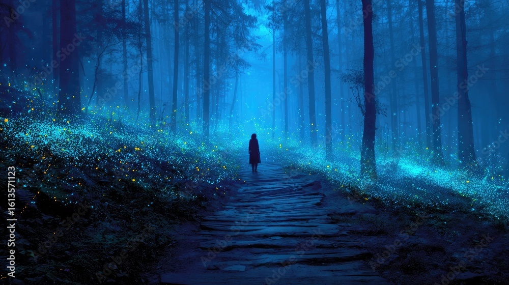 Fototapeta premium Mystical night forest path, glowing flora