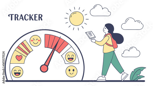 Illustration of a woman with backpack looking at a tablet next to a mood tracker under the sun and clouds