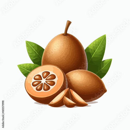 Digital illustration showcasing a sapodilla fruit, complete with slices and leaves, set against a plain white background. The image highlights the natural color and texture of the fruit.