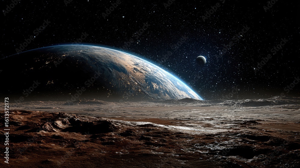 Fototapeta premium Earth rising over Martian landscape