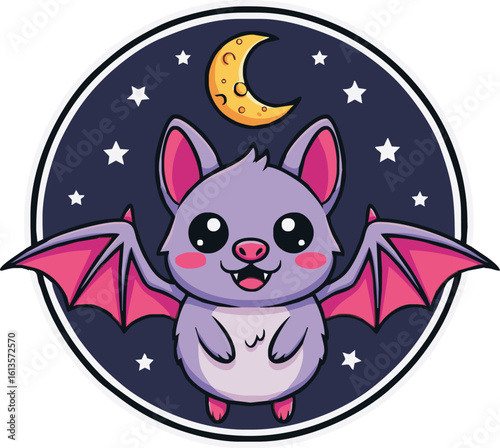 A cute purple cartoon bat with pink wings flies happily in a starry night sky with a crescent moon.