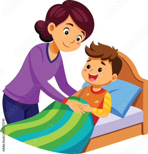 High quality mother tucking her son vector illustration, A beautiful mother tucking her son vector graphics design, mother tucking her son vector art