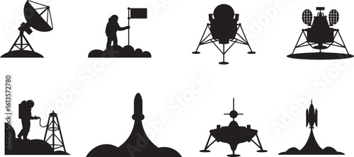 Silhouette Space Exploration Icons Set Astronaut Lunar Lander Satellite Dish Rocket Launch Vector