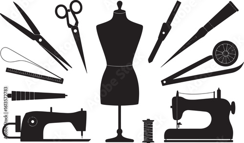Silhouette Sewing Tailoring Icons Set Mannequin Sewing Machine Scissors Thread Needle Vector