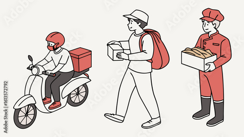 Cute Delivery Workers Illustration: Scooter Rider, Backpack Delivery Person, and Uniform Delivery Man in Simple Line Art Style