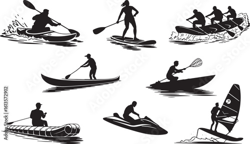Silhouette Water Sports Icons Set Kayak Paddleboard Rafting Canoeing Jet Ski Windsurfing Vector