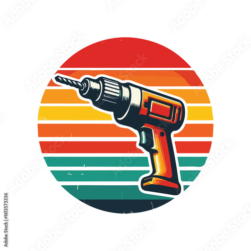 Vintage Electric drill clipart, electric drill with sunset