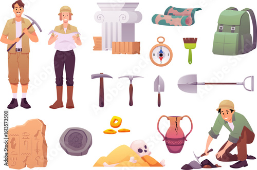 Set of archeology ancient artifacts vector icons, digging tools and elements of antiquity, archaeologist characters