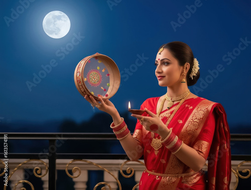 Beautiful Woman in Red Saree Celebrating Karwa Chauth Festival at Night