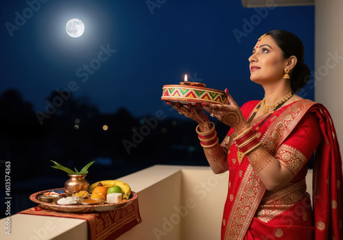 Woman in Red Sari Performing Karwa Chauth Puja under the Full Moon