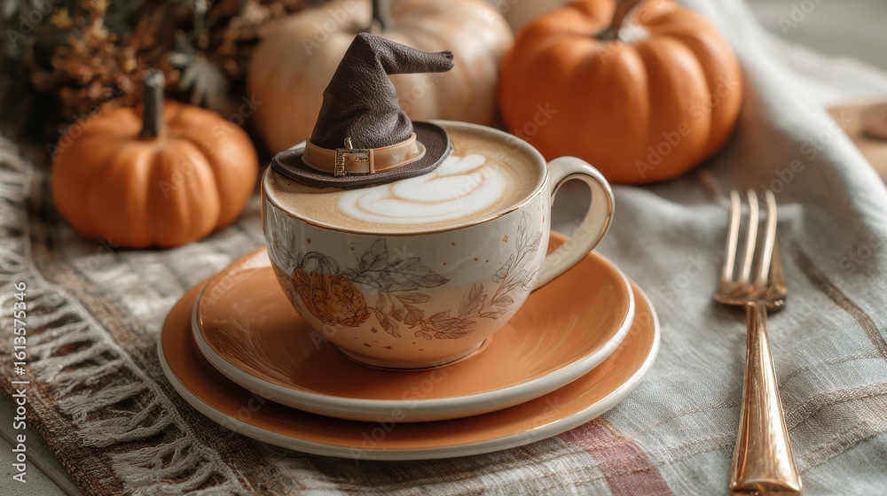 Fototapeta premium Cozy Autumn Coffee Scene with Pumpkin Decorations and a Tiny Witch Hat on a Latte for Seasonal Warmth and Comfort