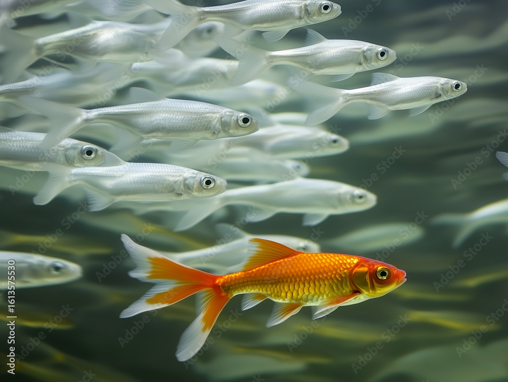 Naklejka premium Goldfish swimming away from school of fish